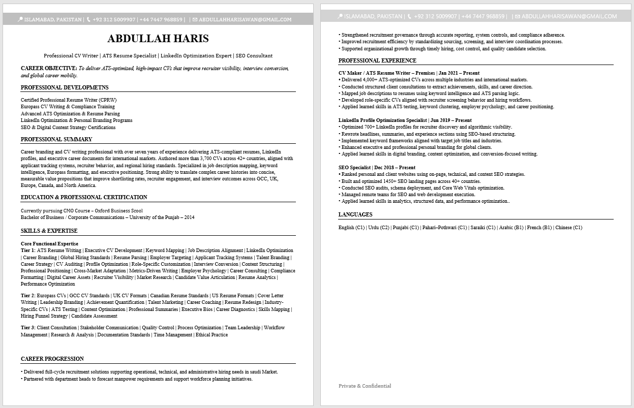 ATS CV Template for Fitness Trainer Cv Formates